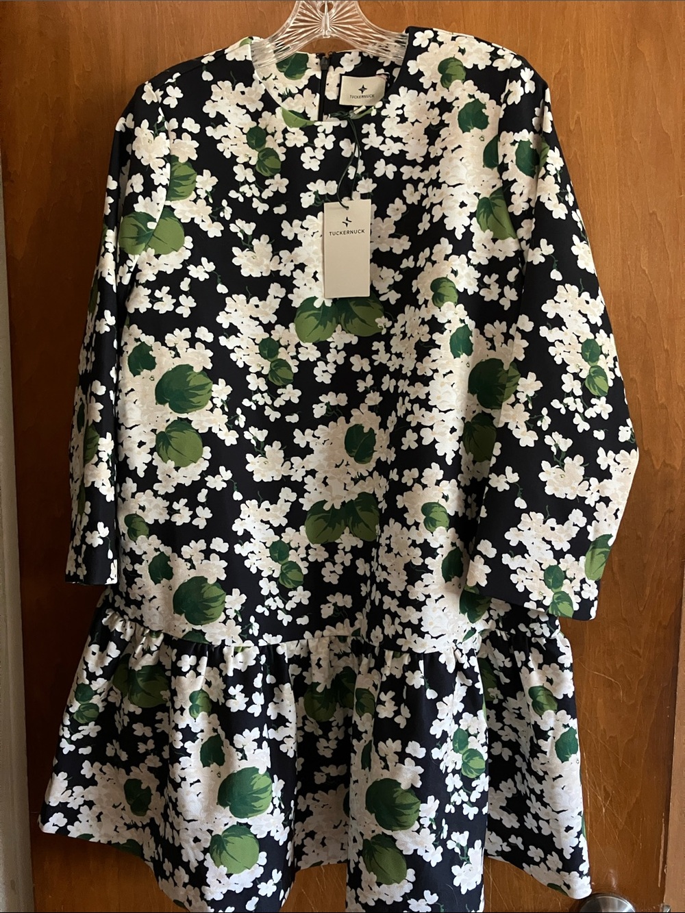 Tuckernuck Black Dress with White and Green Floral Print Size L NWT Ruffled Hem
